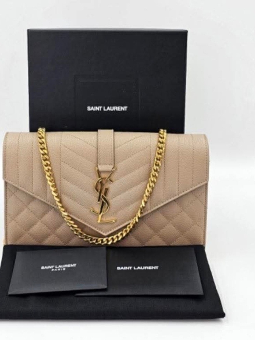 Saint Laurent Beige Quilted Leather Chain Shoulder Bag with YSL Logo